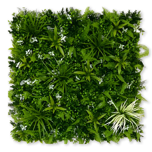 The Landmark Decor Tropical Peace Grass Wall is a square panel of dense green artificial foliage with varied leaves and small white flowers, perfect for decorative wall panels, shown against a white background.