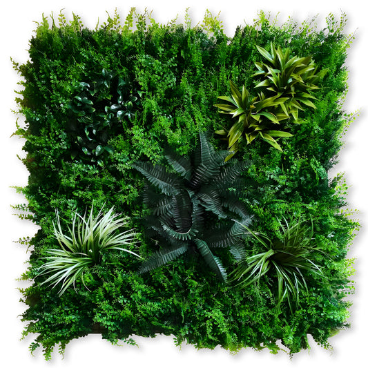 The Landmark Decor Tropical Oasis Grass Wall is a square green panel with assorted artificial plants and foliage—perfect for adding style and elegance to your space with decorative wall panels.