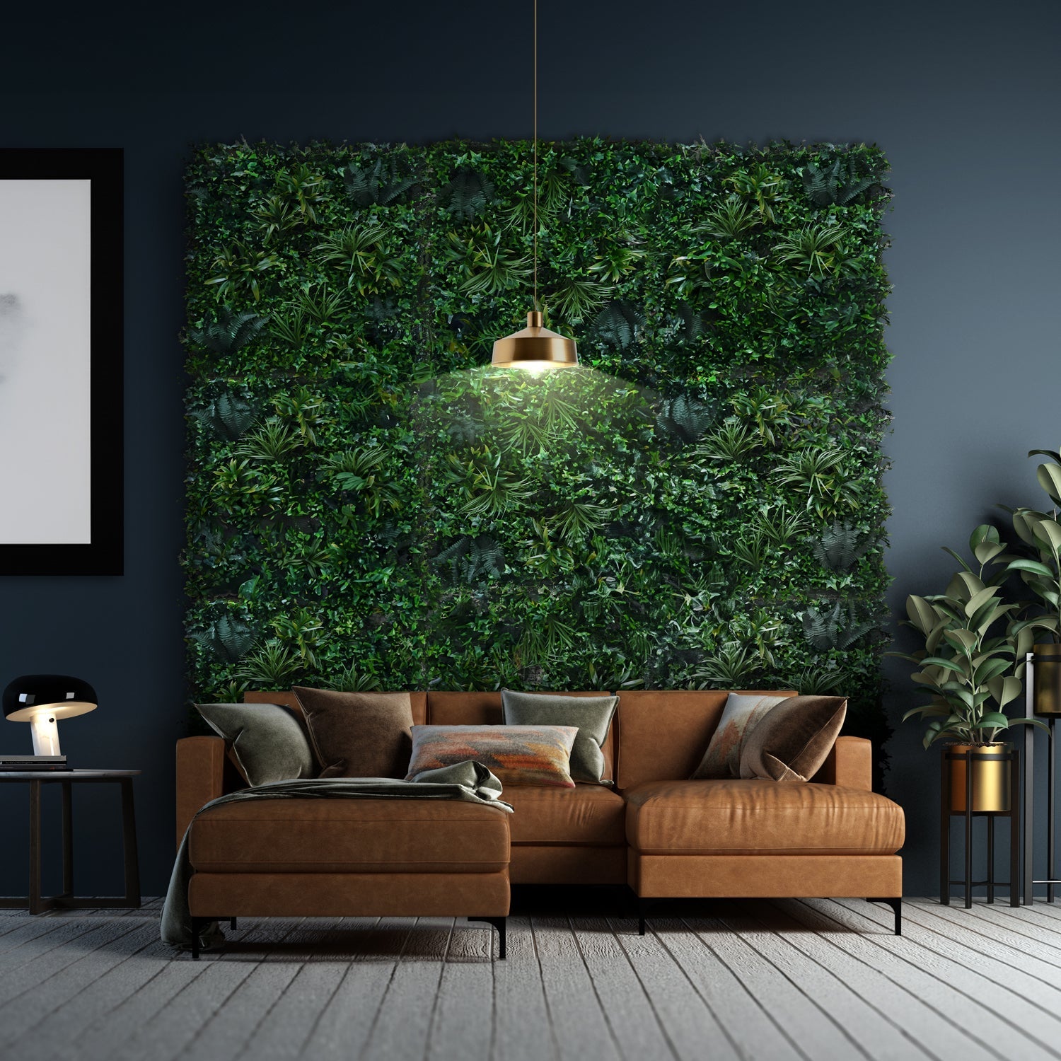A modern living room featuring Landmark Decor’s Emerald Sanctuary as the focal wall, paired with a brown sectional sofa, decorative pillows, and a pendant light.