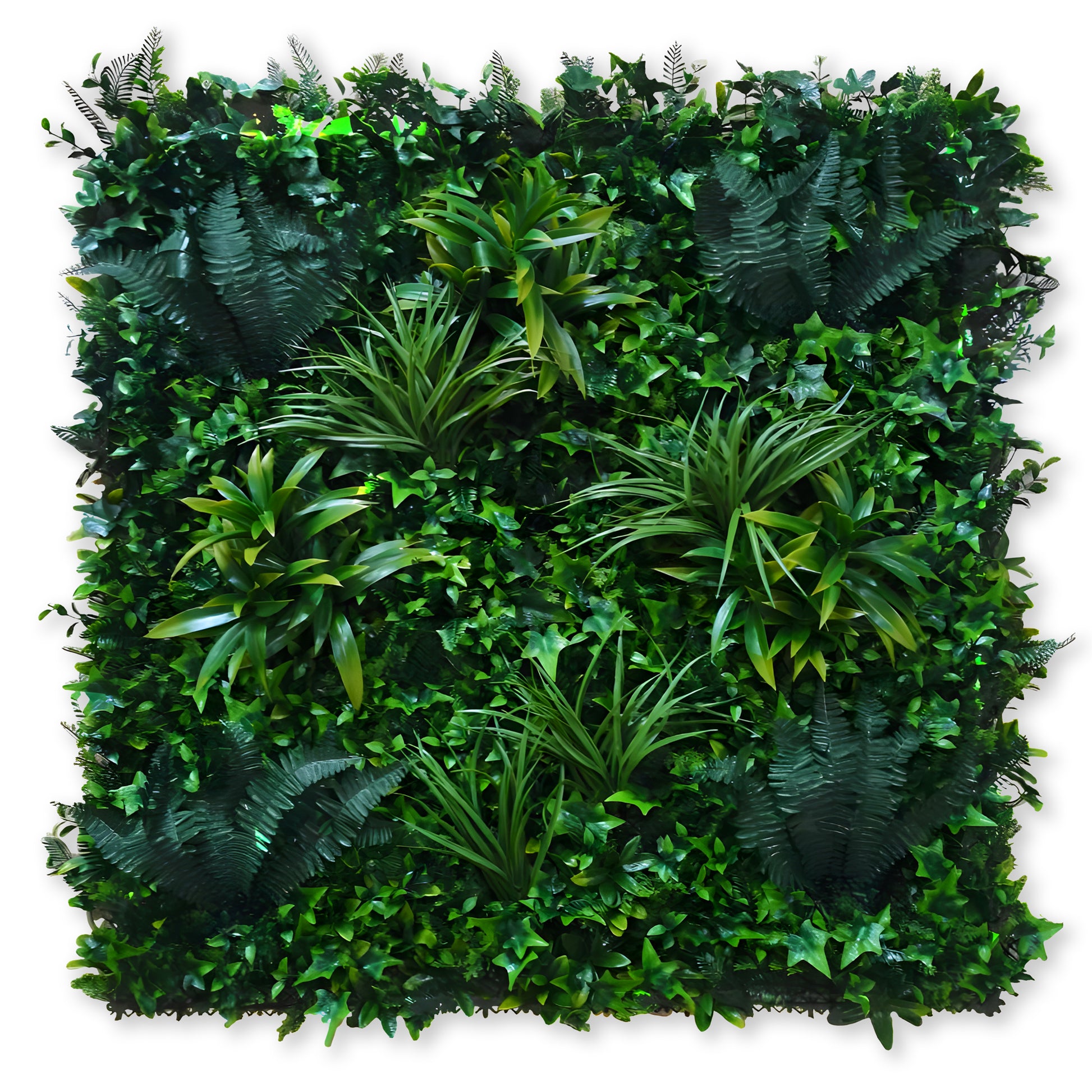 The Landmark Decor Emerald Sanctuary Grass Wall showcases dense, lush green surfaces with a mix of ferns and ivy in a rectangular vertical garden design.