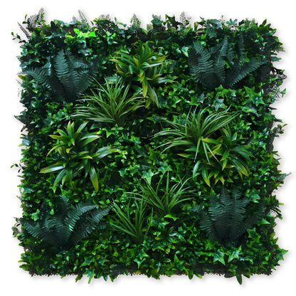 The Landmark Decor Emerald Sanctuary Grass Wall showcases dense, lush green surfaces with a mix of ferns and ivy in a rectangular vertical garden design.