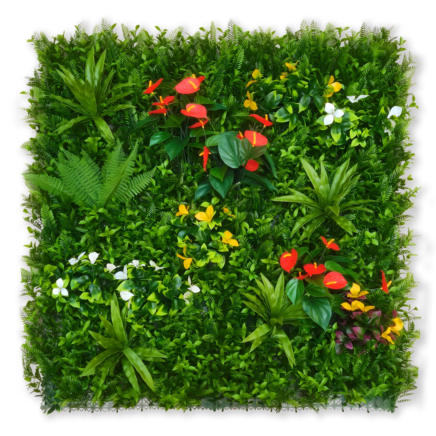 The Emerald Rise Grass Wall by Landmark Decor features dense green foliage with artificial red, yellow, and white flowers—ideal decorative wall panels to enhance any space.