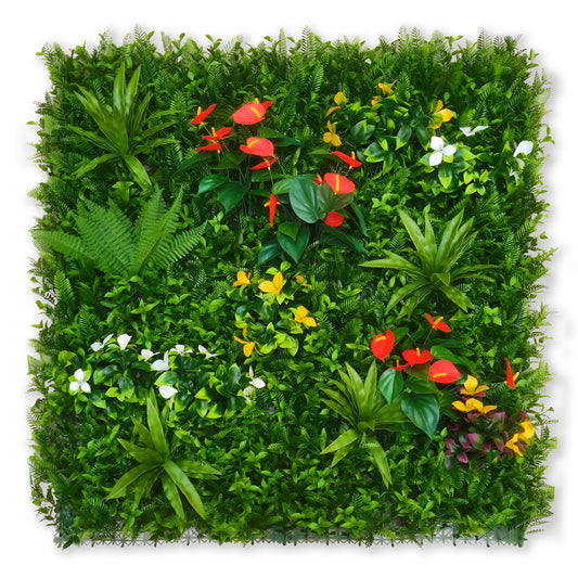 The Emerald Rise Grass Wall by Landmark Decor features dense green foliage with artificial red, yellow, and white flowers—ideal decorative wall panels to enhance any space.