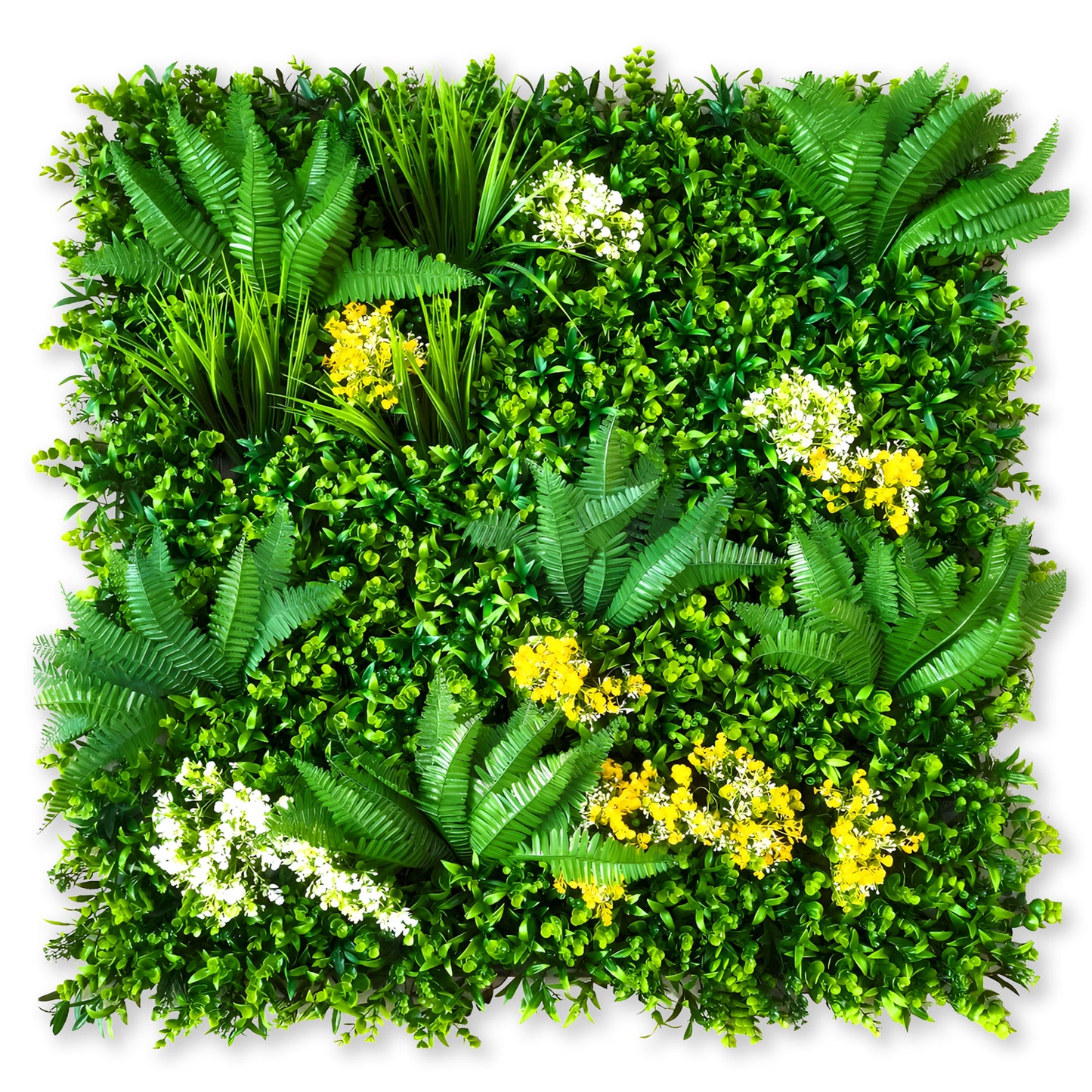 The Landmark Decor Lush Horizon Grass Wall is a square green panel featuring dense artificial greenery, ferns, assorted leaves, and yellow-white flower clusters—ideal for stylish indoor or outdoor wall decor.