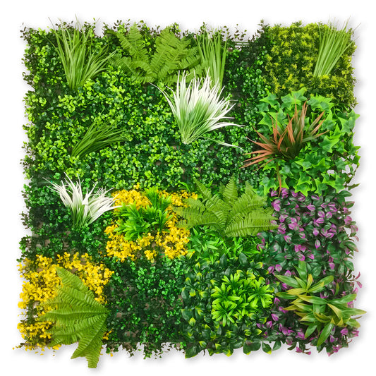 The Landmark Decor Green Aura Grass Wall is a square vertical garden panel with green, yellow, and purple foliage arranged in sections—perfect for adding nature-inspired style to your decorative wall panels.