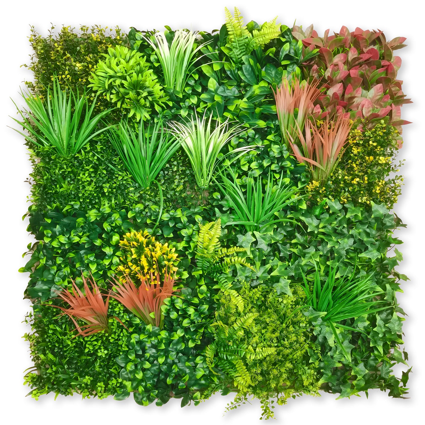 The Landmark Decor Verdant Edge Grass Wall is a square vertical garden with decorative panels displaying green and reddish artificial plants in distinct sections, all set against a white background.