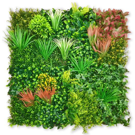 The Landmark Decor Verdant Edge Grass Wall is a square vertical garden with decorative panels displaying green and reddish artificial plants in distinct sections, all set against a white background.