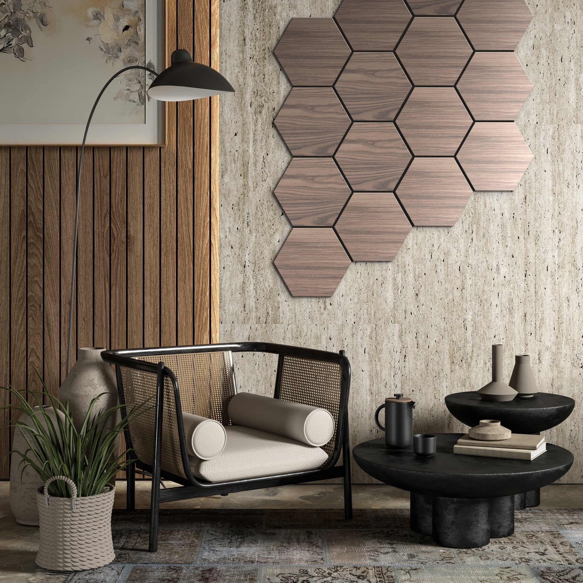 A modern living room featuring a cane armchair, black coffee table, Landmark Decor White Oak Hexagon Wood Wall Panels, potted plant, and neutral-toned decor.