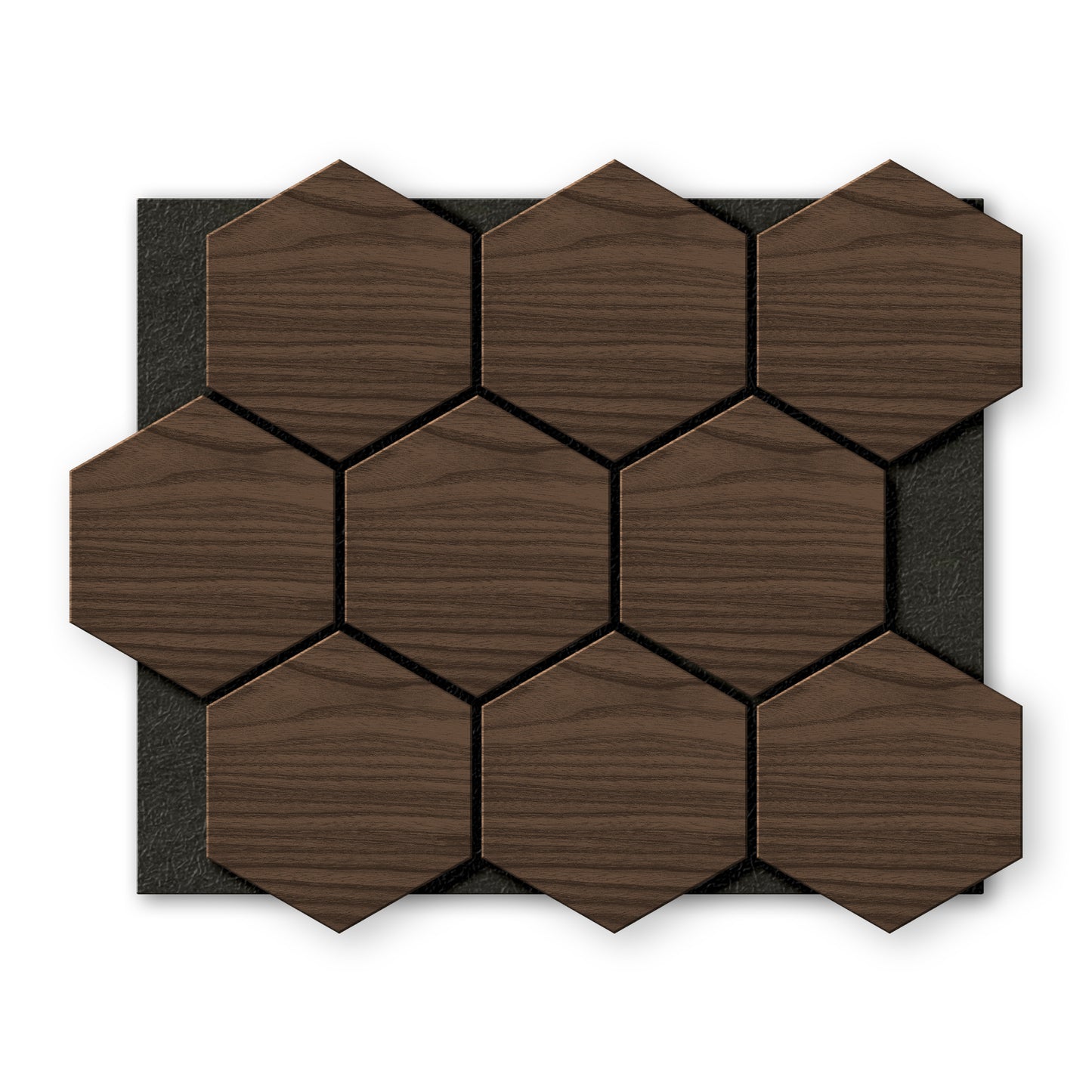Twelve Landmark Decor Walnut Hexagon Wood Wall Panels are arranged in a grid on a black rectangular background, viewed from above.