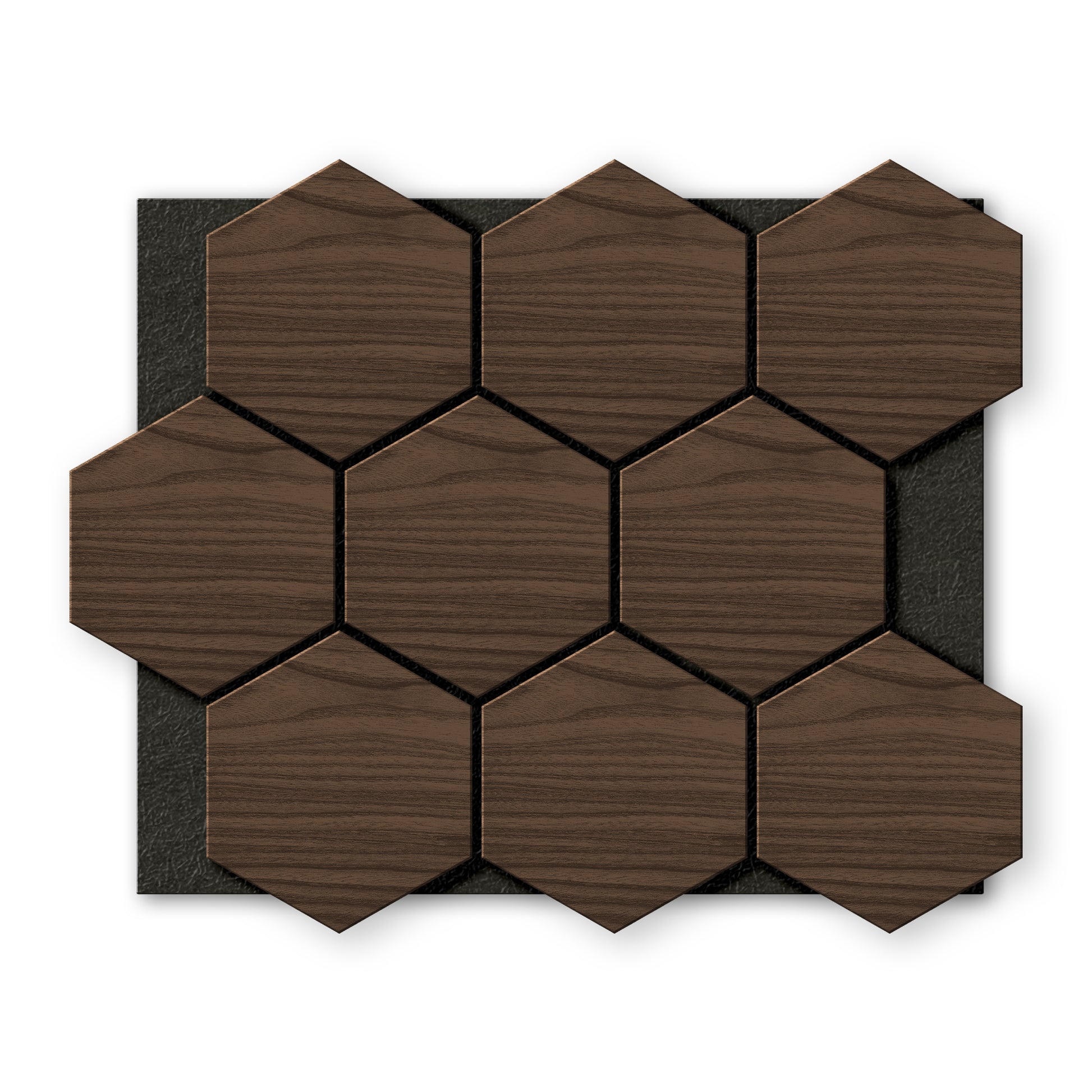 Twelve Landmark Decor Walnut Hexagon Wood Wall Panels are arranged in a grid on a black rectangular background, viewed from above.