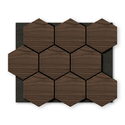Twelve Landmark Decor Walnut Hexagon Wood Wall Panels are arranged in a grid on a black rectangular background, viewed from above.