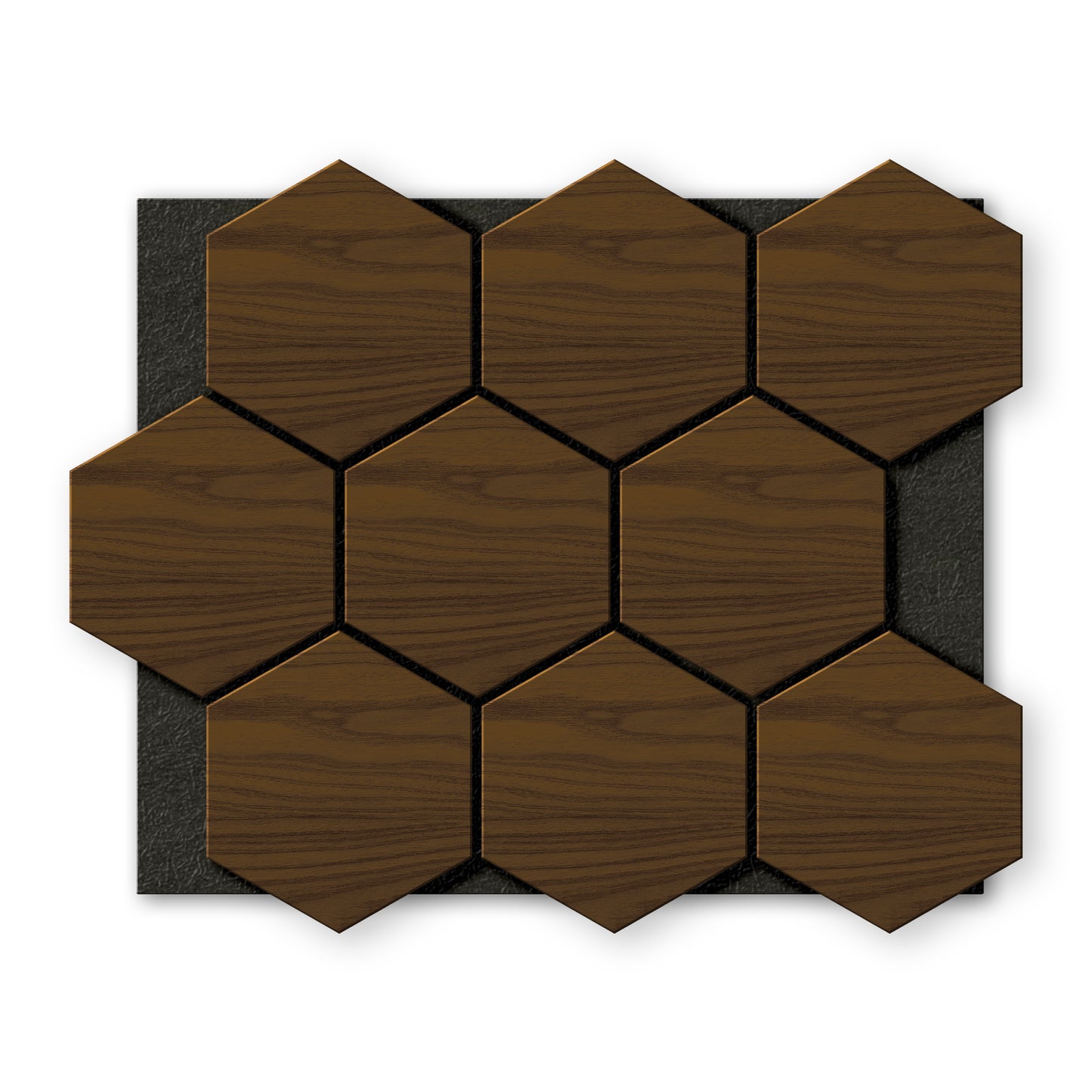 A set of nine Light Smoke Hexagon Wood Wall Panels by Landmark Decor, arranged in three rows on a black rectangular base, viewed from above.