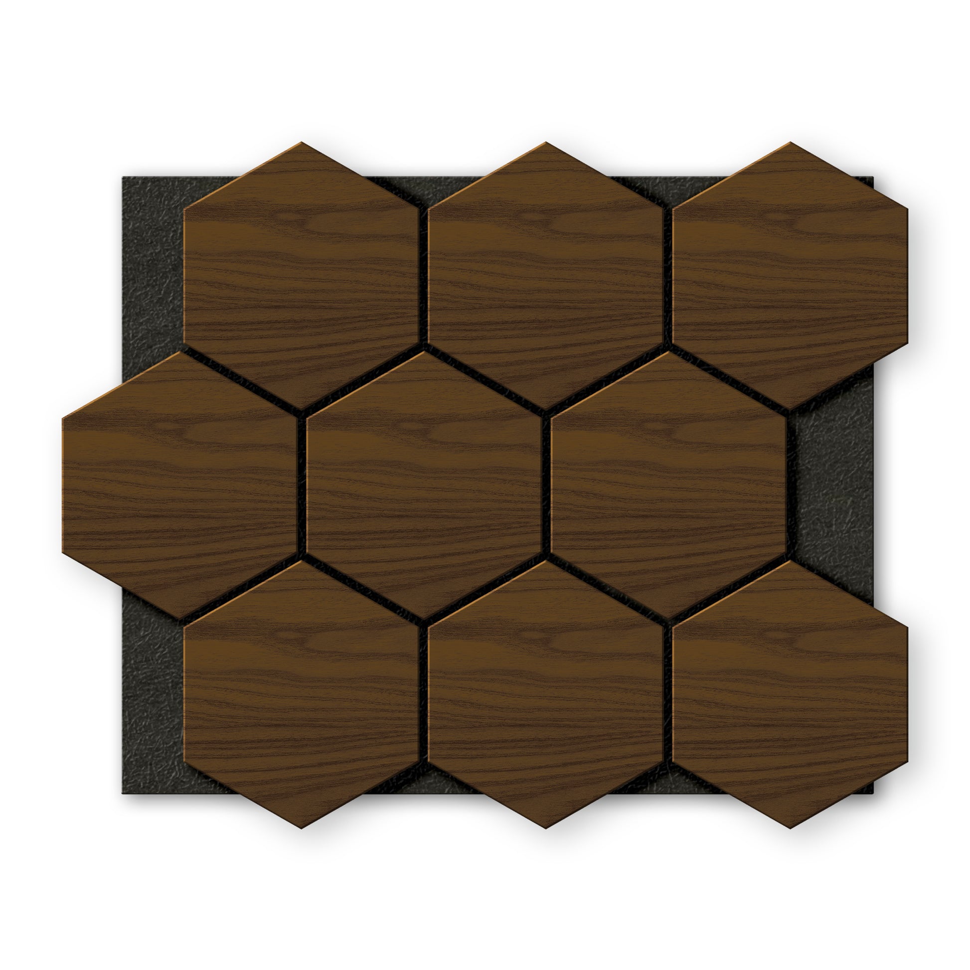 A set of nine Light Smoke Hexagon Wood Wall Panels by Landmark Decor, arranged in three rows on a black rectangular base, viewed from above.