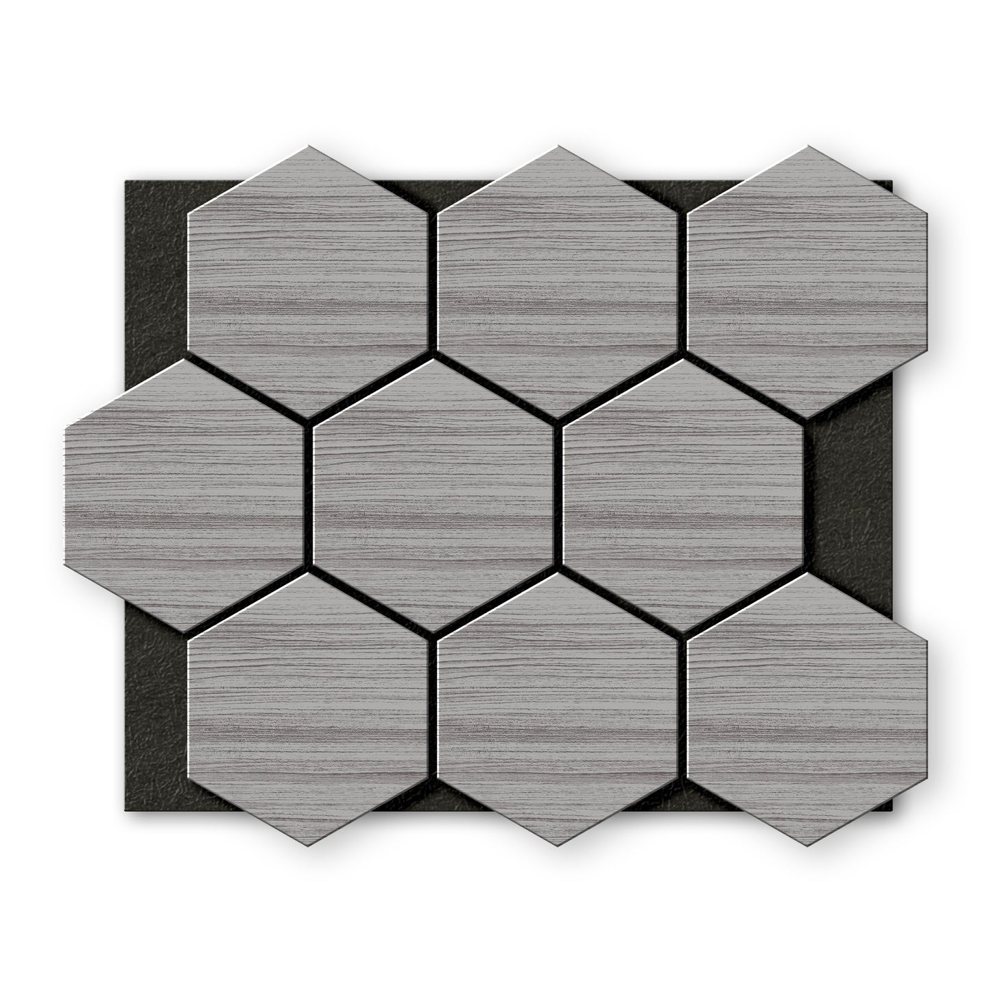 Light Gray Hexagon Wood Wall Panels by Landmark Decor feature a wood grain texture in hexagonal shapes, arranged in a grid pattern on a black rectangular backing.