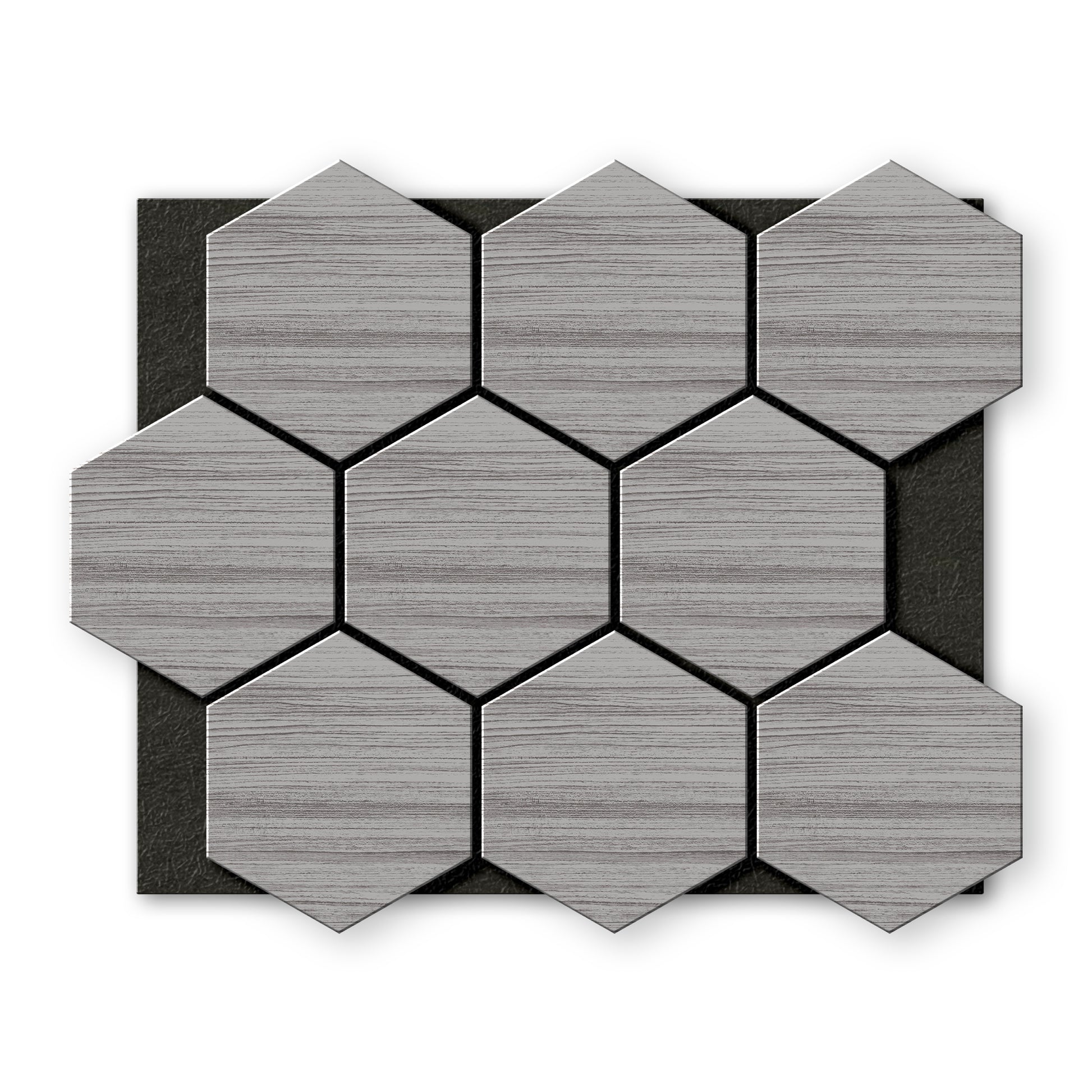 Light Gray Hexagon Wood Wall Panels by Landmark Decor feature a wood grain texture in hexagonal shapes, arranged in a grid pattern on a black rectangular backing.