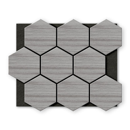 Light Gray Hexagon Wood Wall Panels by Landmark Decor feature a wood grain texture in hexagonal shapes, arranged in a grid pattern on a black rectangular backing.