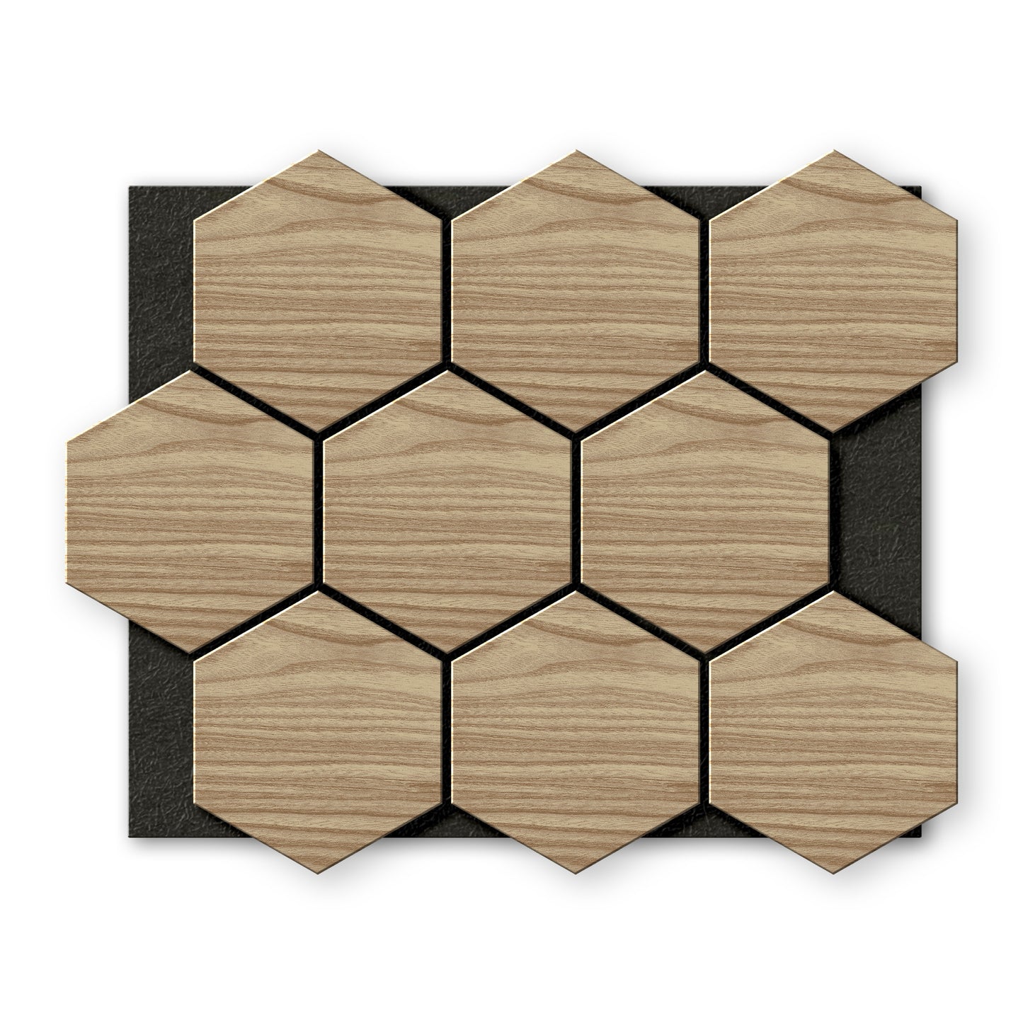 Landmark Decor's White Oak Hexagon Wood Wall Panels are arranged in a grid pattern on a black rectangular background.