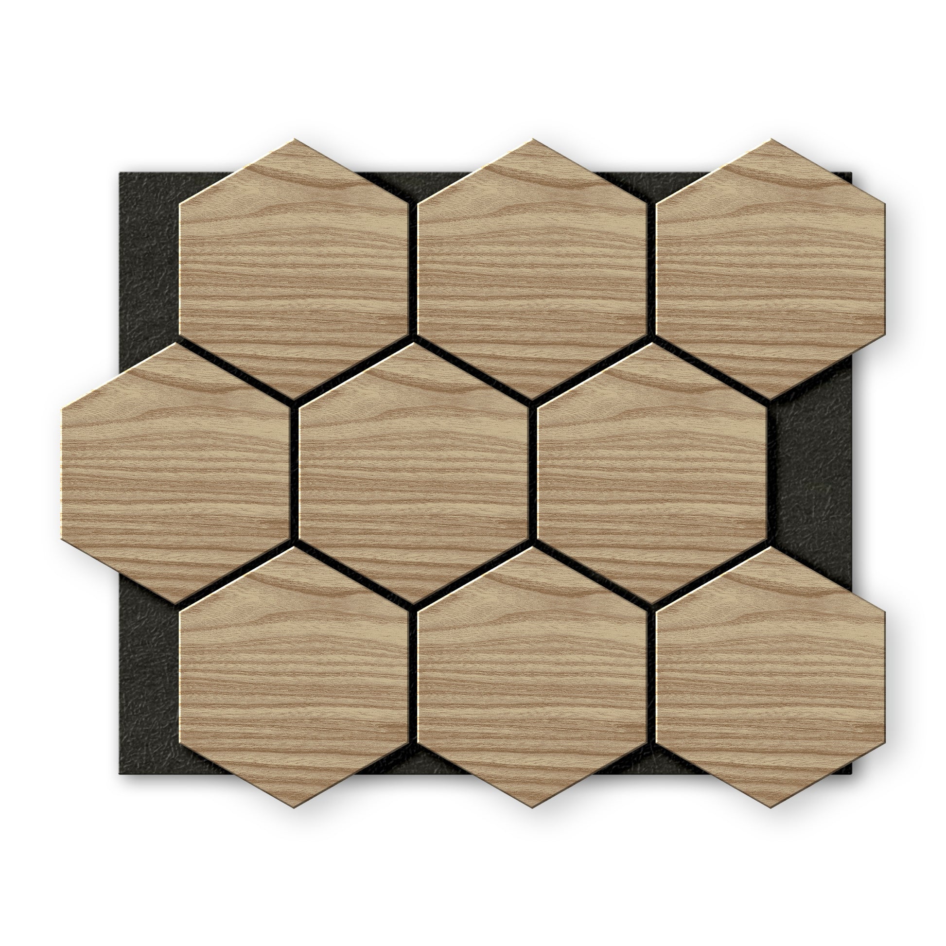 Landmark Decor's White Oak Hexagon Wood Wall Panels are arranged in a grid pattern on a black rectangular background.