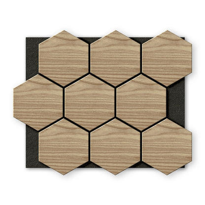 Landmark Decor's White Oak Hexagon Wood Wall Panels are arranged in a grid pattern on a black rectangular background.