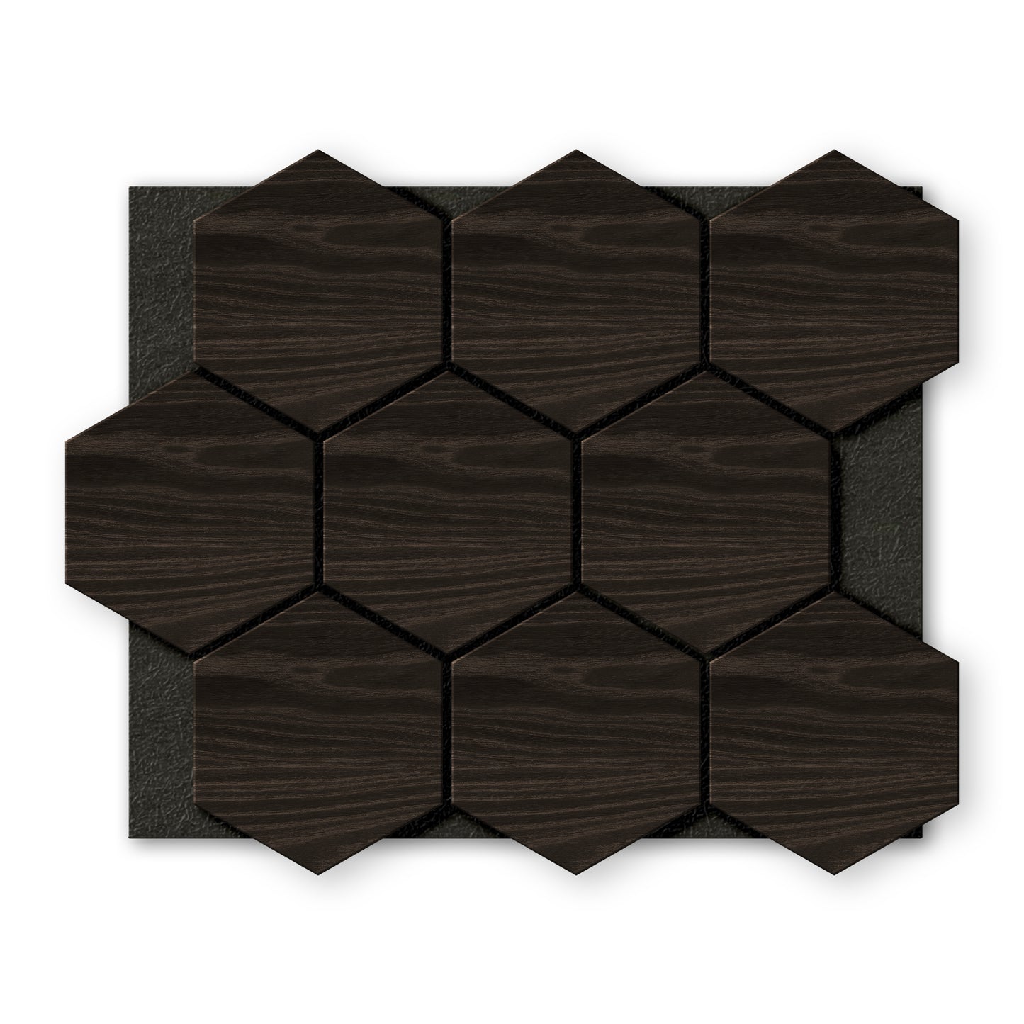 Landmark Decor's Dark Gray Hexagon Wood Wall Panels feature a woodgrain texture in a hexagonal shape, arranged in a rectangular grid on a black backing.