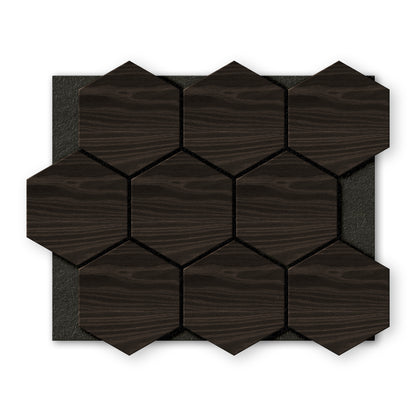 Landmark Decor's Dark Gray Hexagon Wood Wall Panels feature a woodgrain texture in a hexagonal shape, arranged in a rectangular grid on a black backing.
