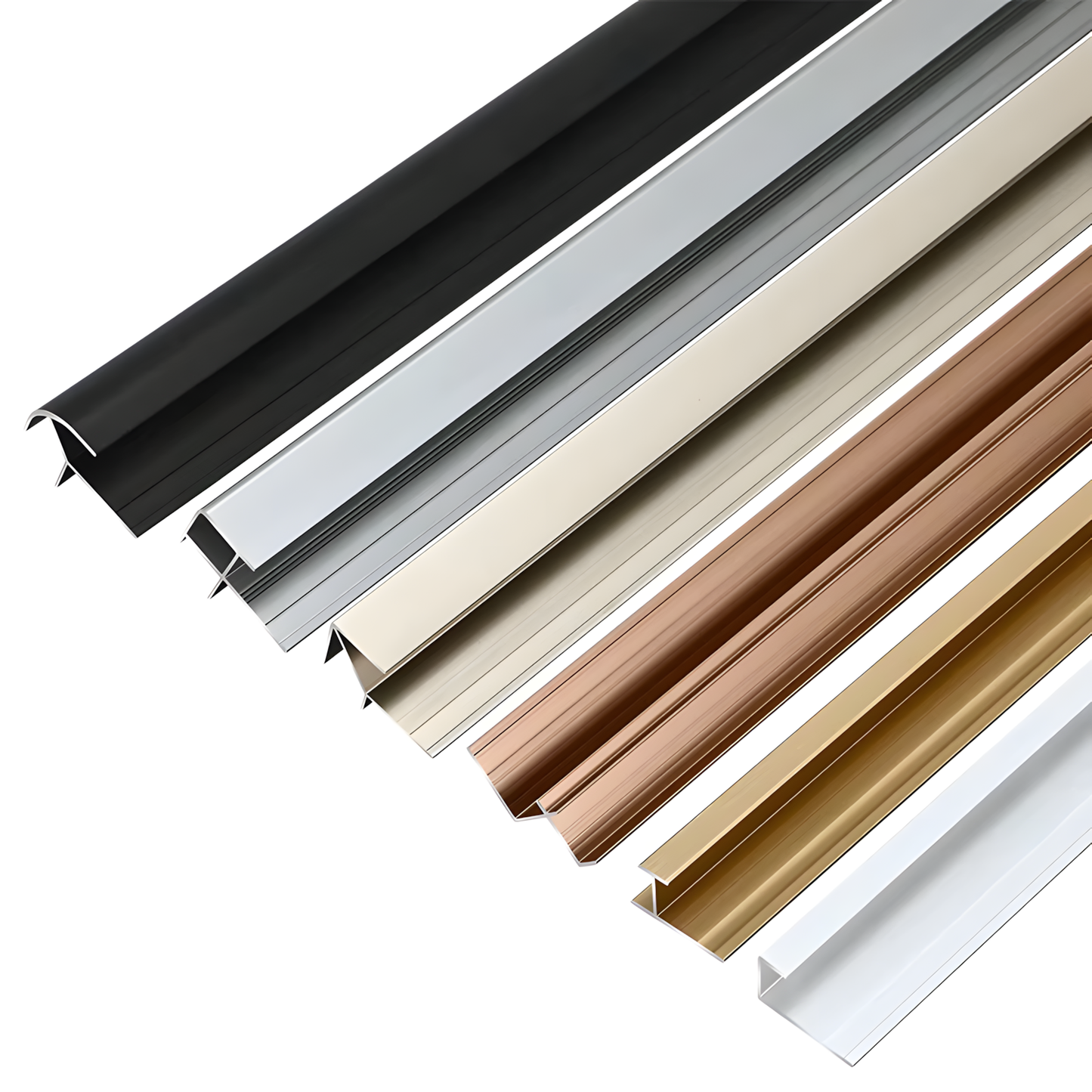 Six Landmark Decor Carbon Sheet Aluminum Outer Corners in silver, black, gold, bronze, champagne, and white are arranged diagonally side by side on a white background.