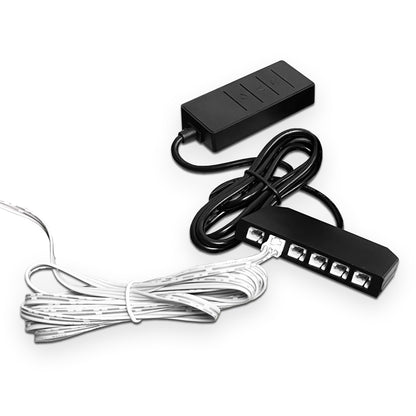 A Landmark Decor LED Lights unit, featuring a black electronic control panel with buttons, is connected to a wired multi-port adapter and a long white cable, all shown on a white background.