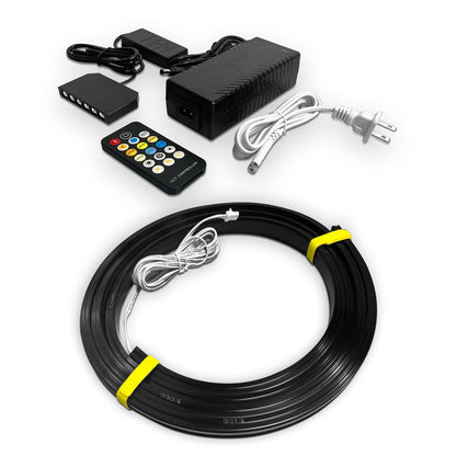 Landmark Decor LED Lights, coiled in black, shown with control box, remote, power adapter, splitter, and power cord on a white background.
