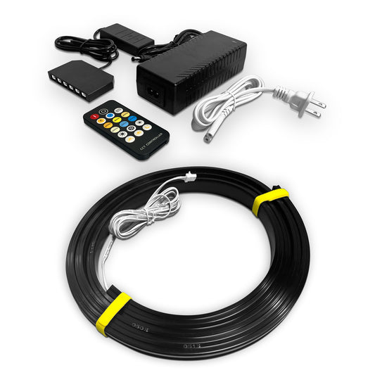 Landmark Decor LED Lights, coiled in black, shown with control box, remote, power adapter, splitter, and power cord on a white background.