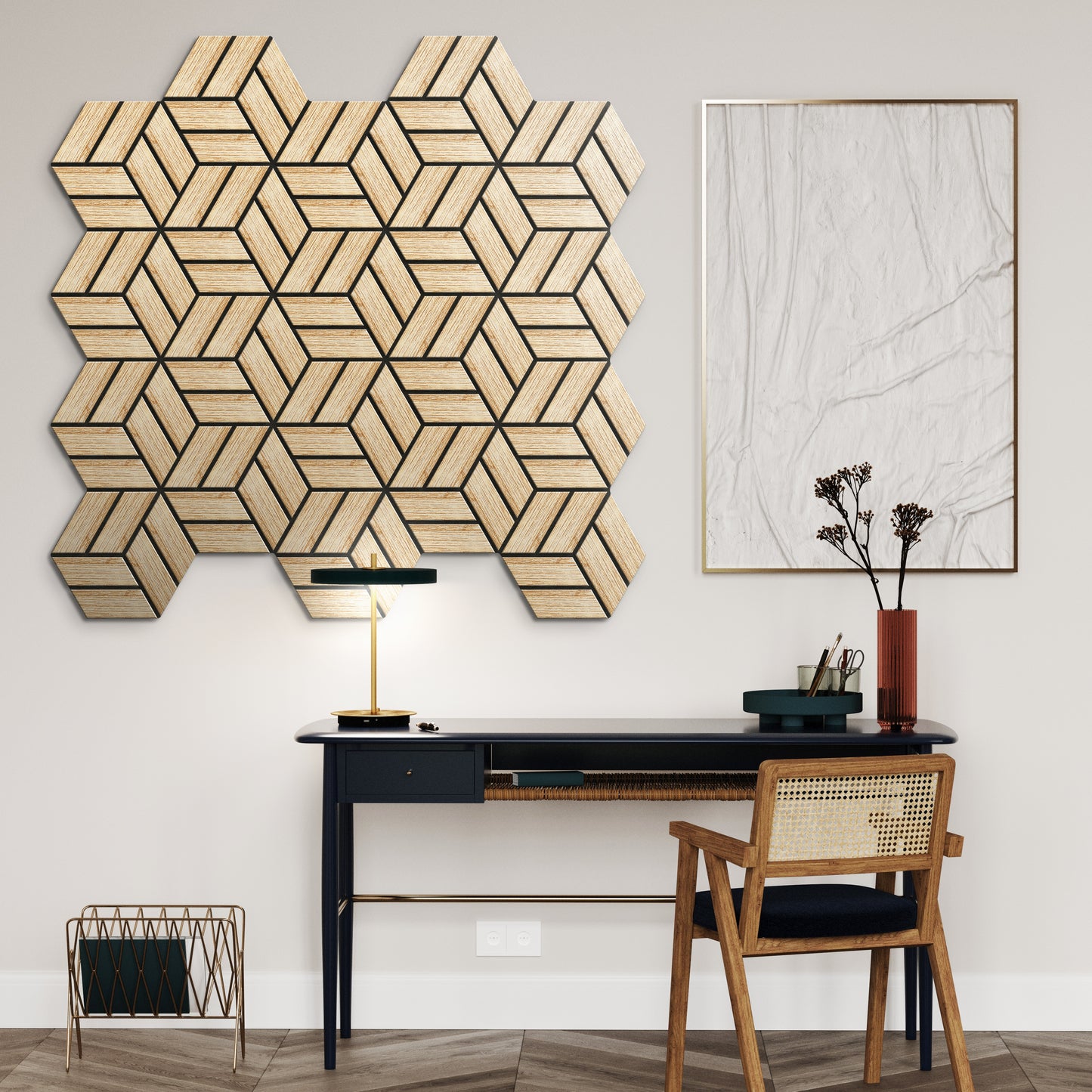 A modern workspace with a black desk, cane chair, table lamp, and Landmark Decor’s Dark Gray Line Hexagon Wood Wall Panels as geometric wall art, plus a blank textured frame for a stylish accent wall.