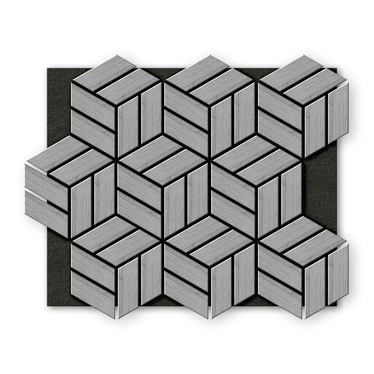 Landmark Decor’s Light Gray Line Hexagon Wood Wall Panels feature a geometric, natural wood texture in a gray three-dimensional pattern, arranged on a dark rectangular background.
