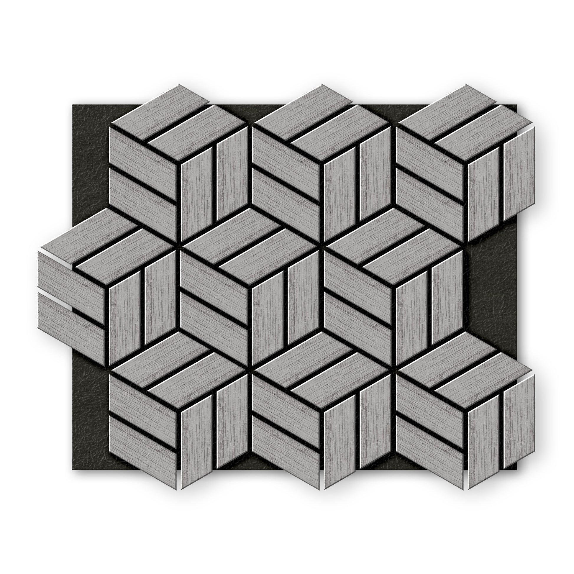 Landmark Decor’s Light Gray Line Hexagon Wood Wall Panels feature a geometric, natural wood texture in a gray three-dimensional pattern, arranged on a dark rectangular background.
