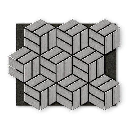 Landmark Decor’s Light Gray Line Hexagon Wood Wall Panels feature a geometric, natural wood texture in a gray three-dimensional pattern, arranged on a dark rectangular background.