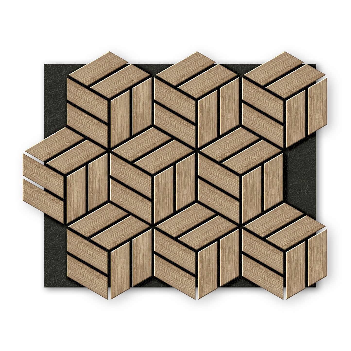 Landmark Decor’s White Oak Line Hexagon Wood Wall Panels form a bold geometric cube pattern, creating a standout accent wall against a black rectangular background.