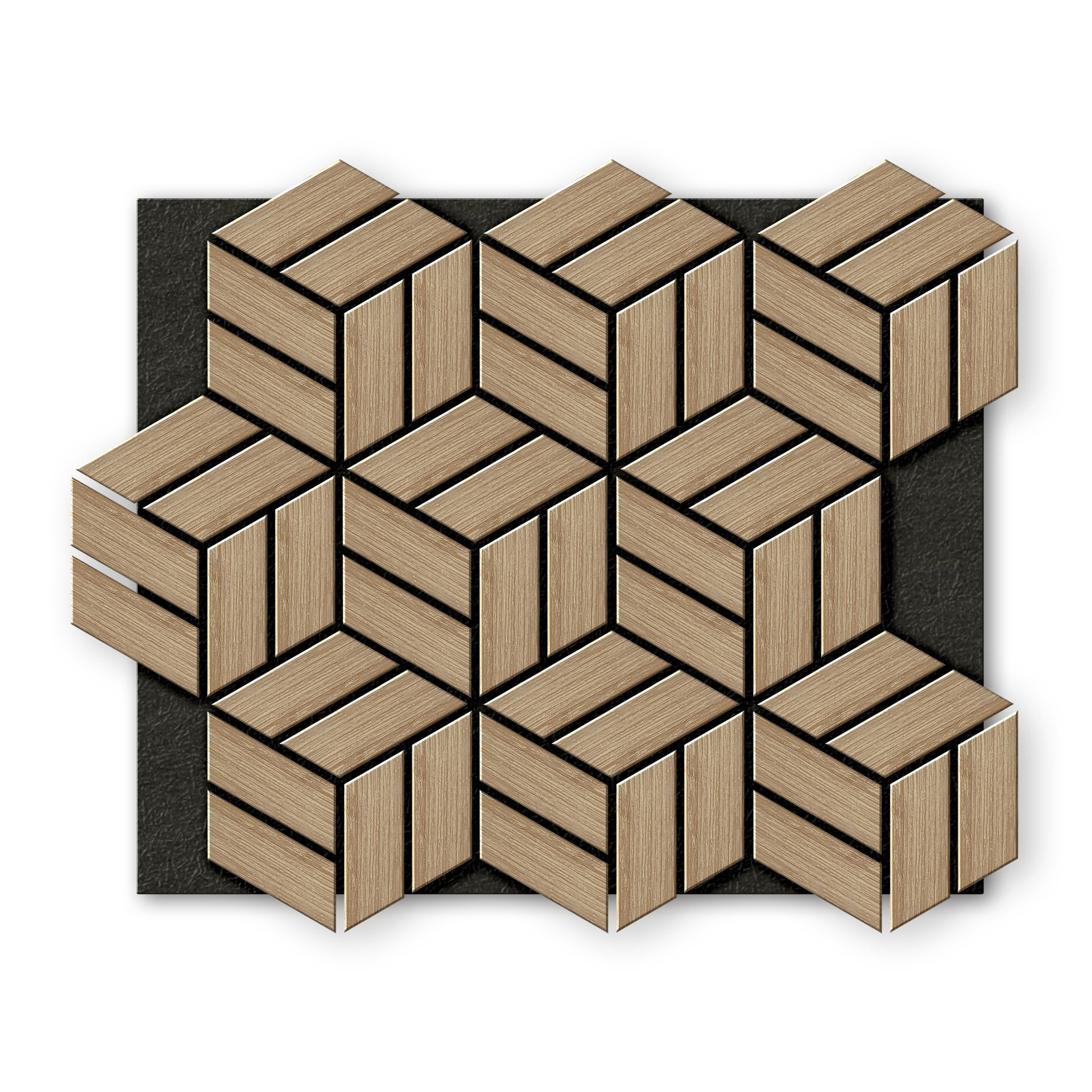 Landmark Decor’s White Oak Line Hexagon Wood Wall Panels form a bold geometric cube pattern, creating a standout accent wall against a black rectangular background.