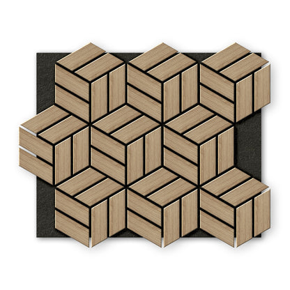 Landmark Decor’s White Oak Line Hexagon Wood Wall Panels form a bold geometric cube pattern, creating a standout accent wall against a black rectangular background.