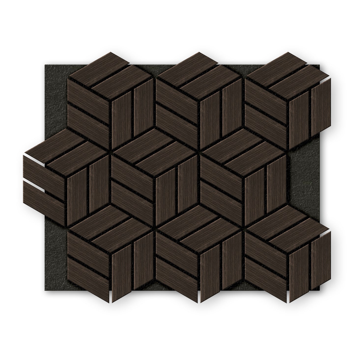 Landmark Decor’s Dark Gray Line Hexagon Wood Wall Panels create a geometric wall decor with three-dimensional shapes, arranged on a black textured background.