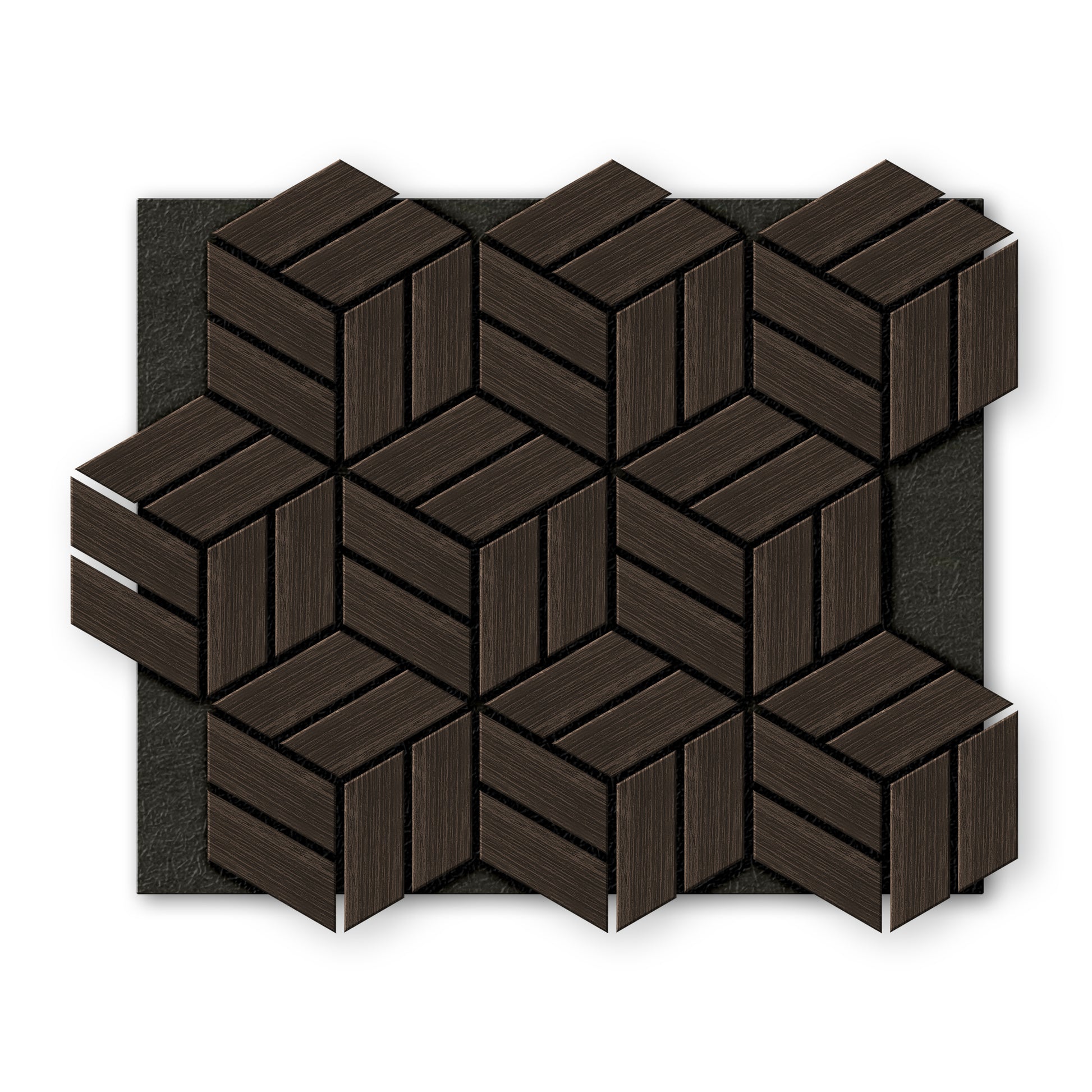 Landmark Decor’s Dark Gray Line Hexagon Wood Wall Panels create a geometric wall decor with three-dimensional shapes, arranged on a black textured background.