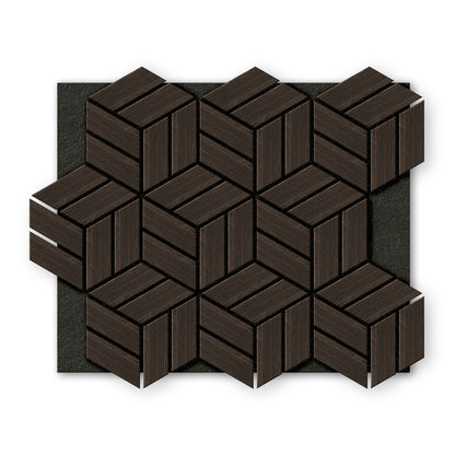 Landmark Decor’s Dark Gray Line Hexagon Wood Wall Panels create a geometric wall decor with three-dimensional shapes, arranged on a black textured background.