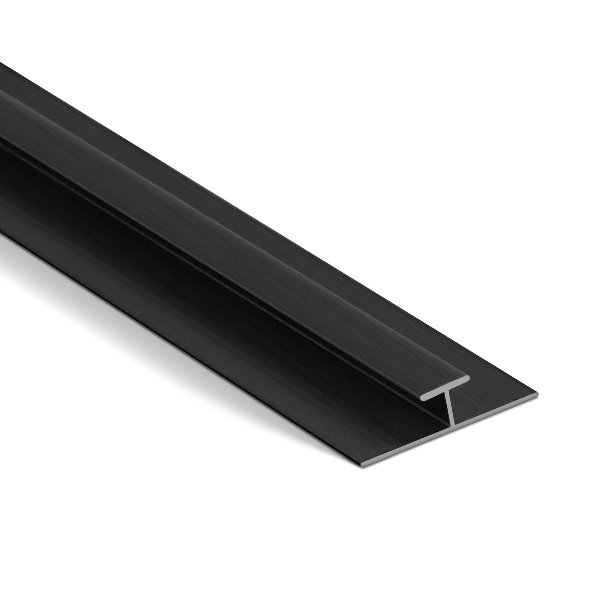 Landmark Decor PVC Wall Middle Strip in black, T-shaped design, ideal for securing panel edges during wall installations. Shown isolated on a white background.