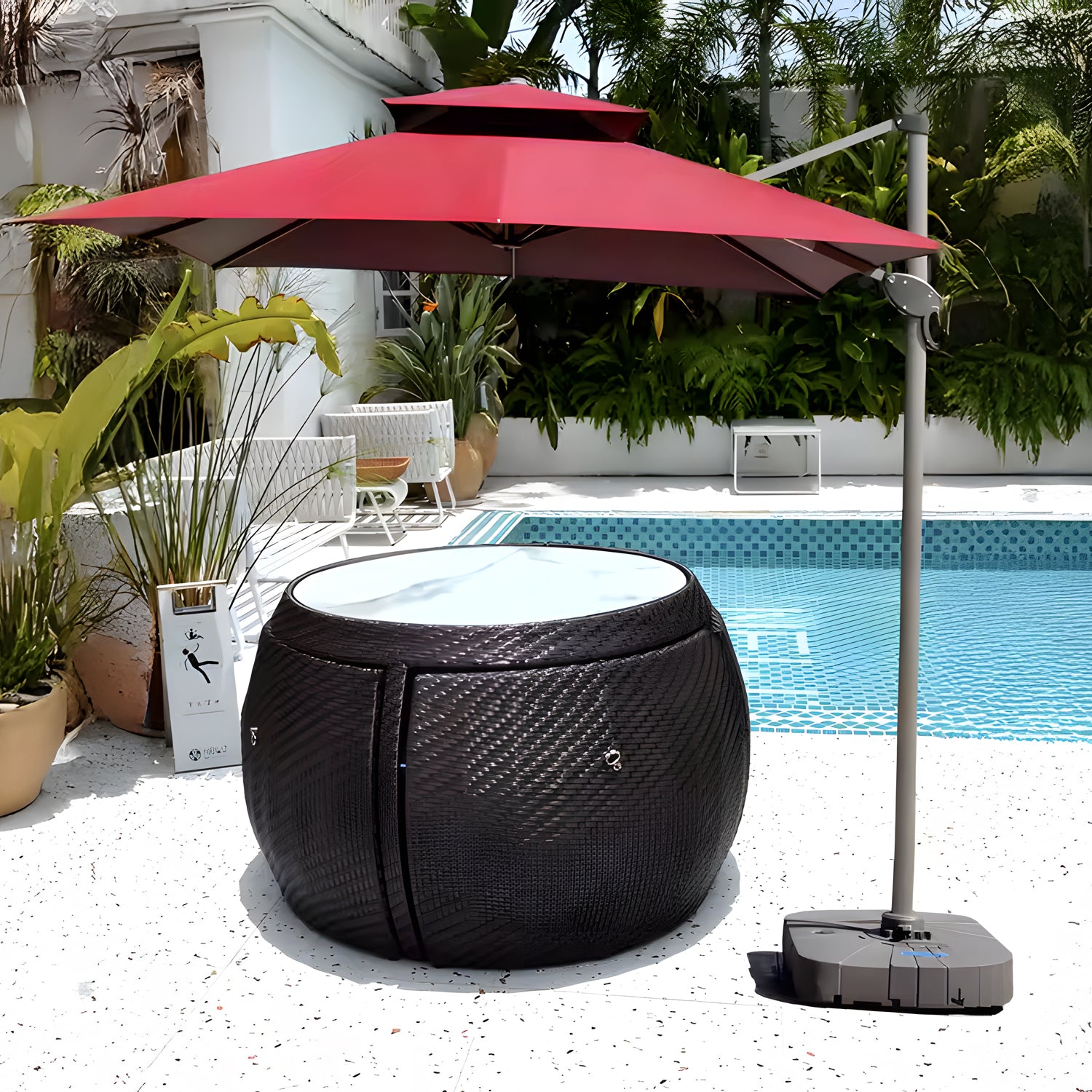black patio set with a red umbrella Midnight Riviera Collection – Landmark Decor