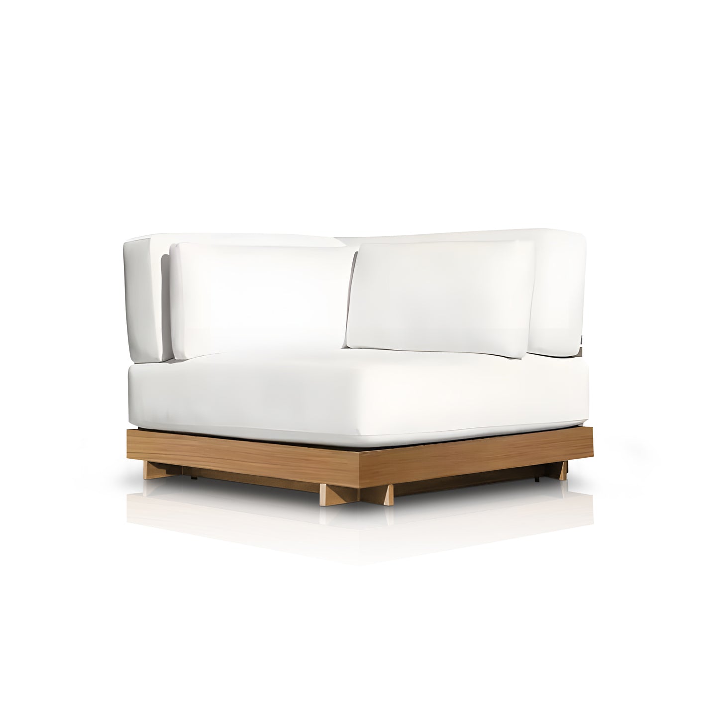 The Landmark Decor Santorini Serenity Collection features a white, modern L-shaped sofa with plush, weather-resistant cushions on a wooden base, ideal for indoor and outdoor settings, shown against a plain white background.