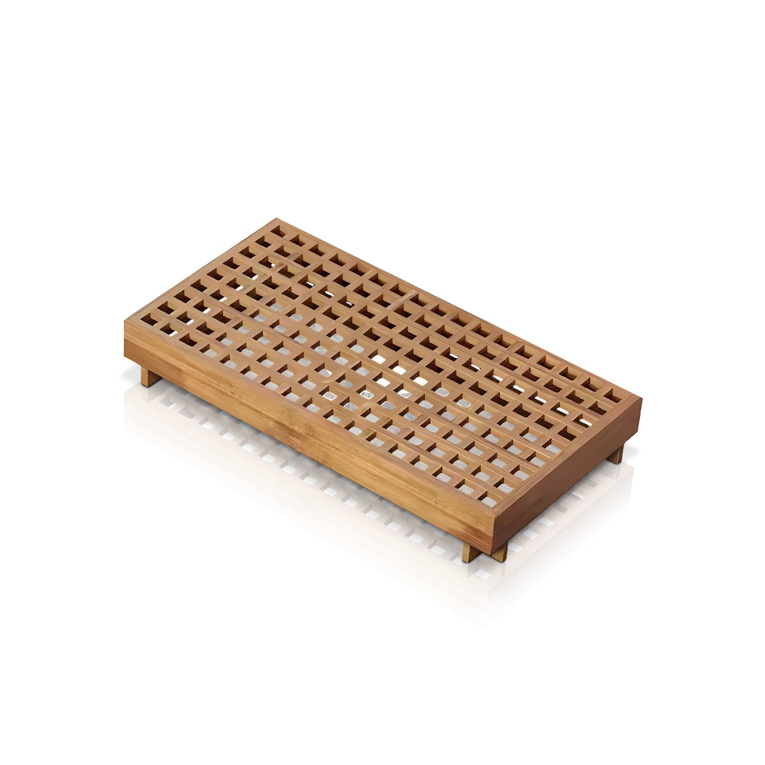 The Santorini Serenity Collection by Landmark Decor is a rectangular wooden tray with grid patterns and small legs, made from light-colored wood. It features evenly spaced square cutouts for a lattice effect, ideal for outdoor sofas with all-weather frames, placed on a reflective white surface.