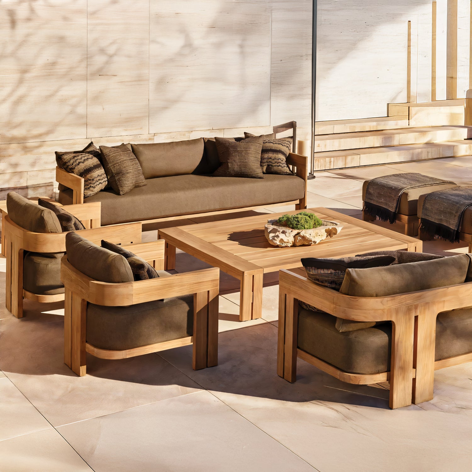 Golden Horizon outdoor sofa set on a sunlit patio.
