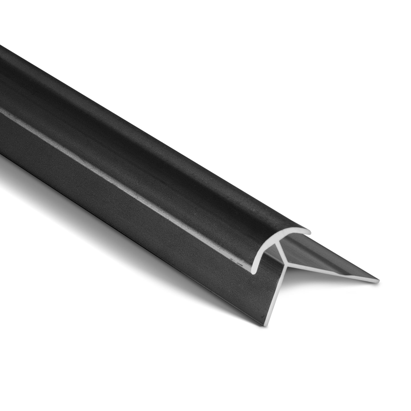 The Landmark Decor PVC Wall Outer Corner Strip is a right-angle black trim with slightly rounded edges, perfect for protecting panel edges during wall installations. Shown on a white background.
