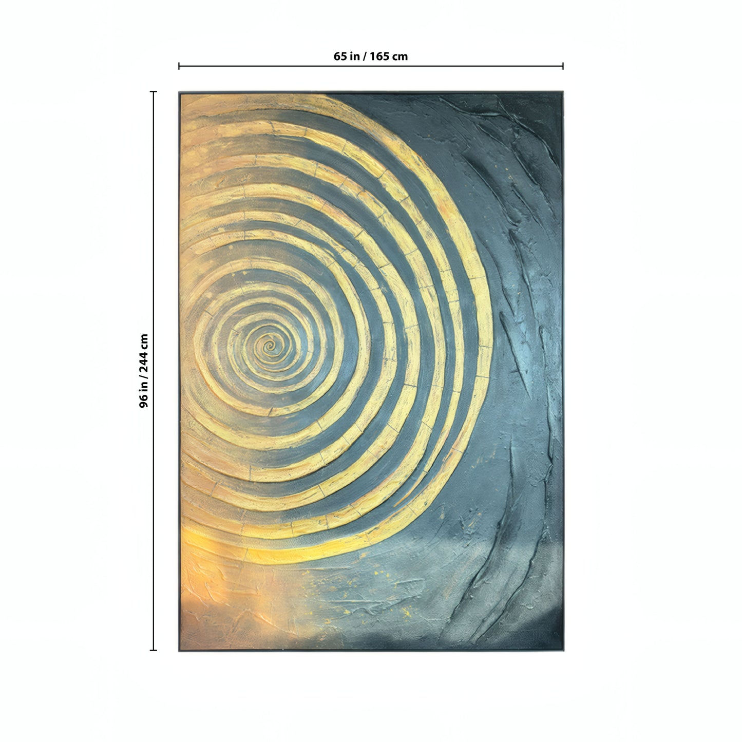 Horizon Wall Art by Landmark Decor is a 65x96-inch rectangular abstract piece with a yellow spiral on a dark background, adding bold style and enhancing contemporary interiors.