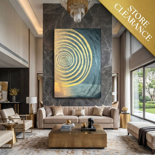Luxury living room with modern furniture, stylish decor, and Landmark Decor's Horizon Wall Art—a large abstract circular piece—displayed on a dark stone wall, with a gold Store Clearance banner in the top right corner.