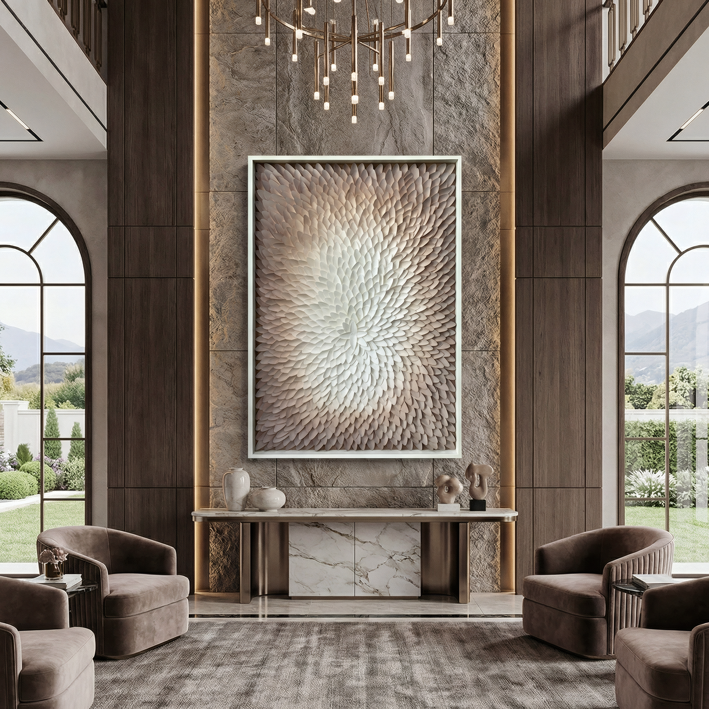 Modern living room with high ceilings, Landmark Decor's Echelon Wall Art as a focal point on a panel accent wall, two brown armchairs, a marble console table, and tall arched windows framing mountain views.