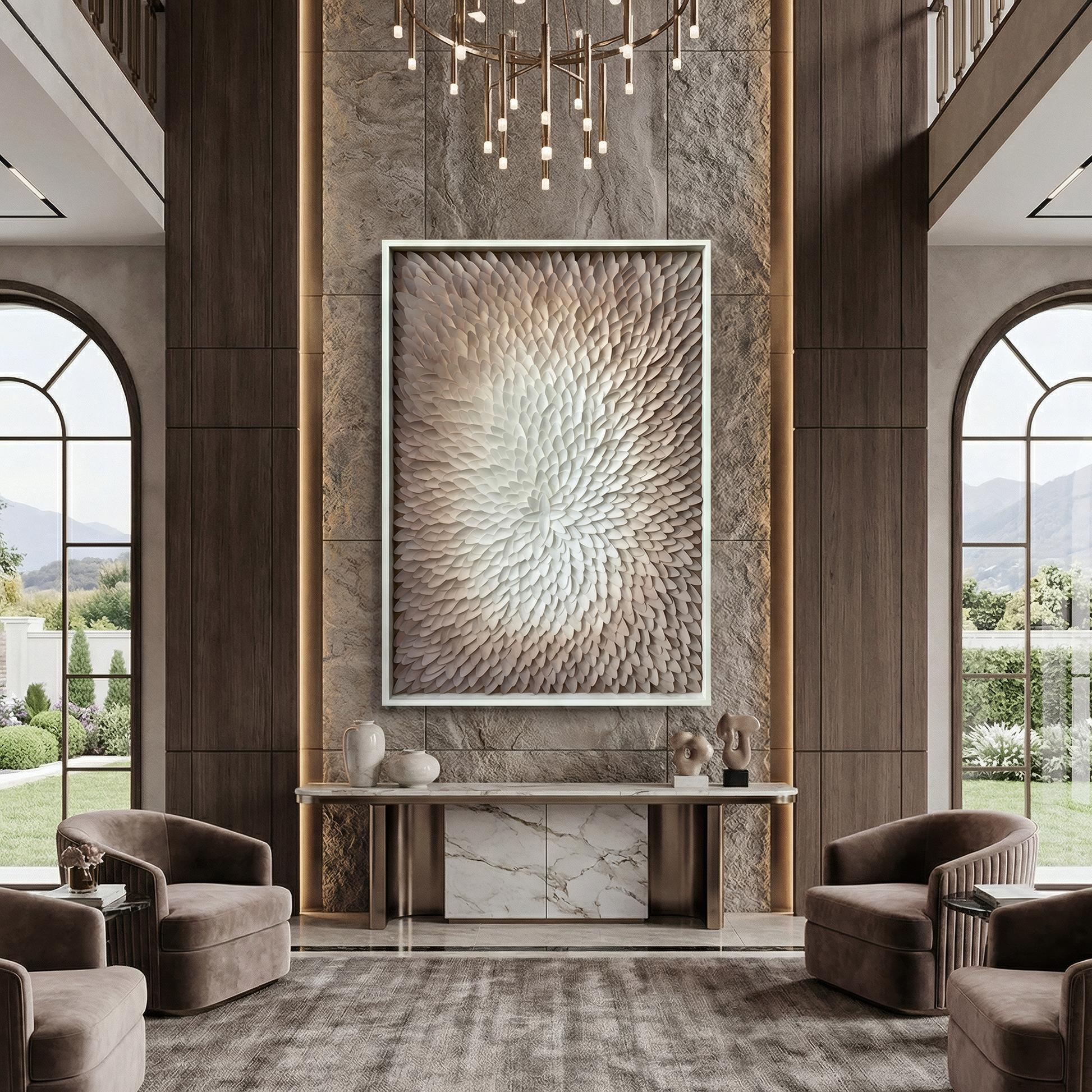 Modern living room with high ceilings, Landmark Decor's Echelon Wall Art as a focal point on a panel accent wall, two brown armchairs, a marble console table, and tall arched windows framing mountain views.