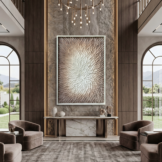 Modern living room with high ceilings, Landmark Decor's Echelon Wall Art as a focal point on a panel accent wall, two brown armchairs, a marble console table, and tall arched windows framing mountain views.